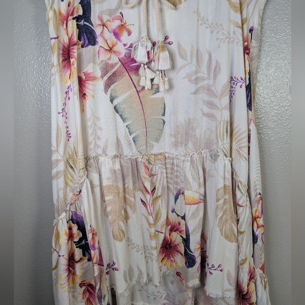 Z & L Cream Multi Tropical Leaf Floral Toucan Bird Tassel Hi-Lo Skirt Womens M - Picture 7 of 9